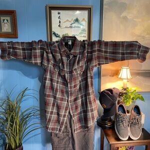 Faded Glory Red and Gray Plaid Button Down Shirt